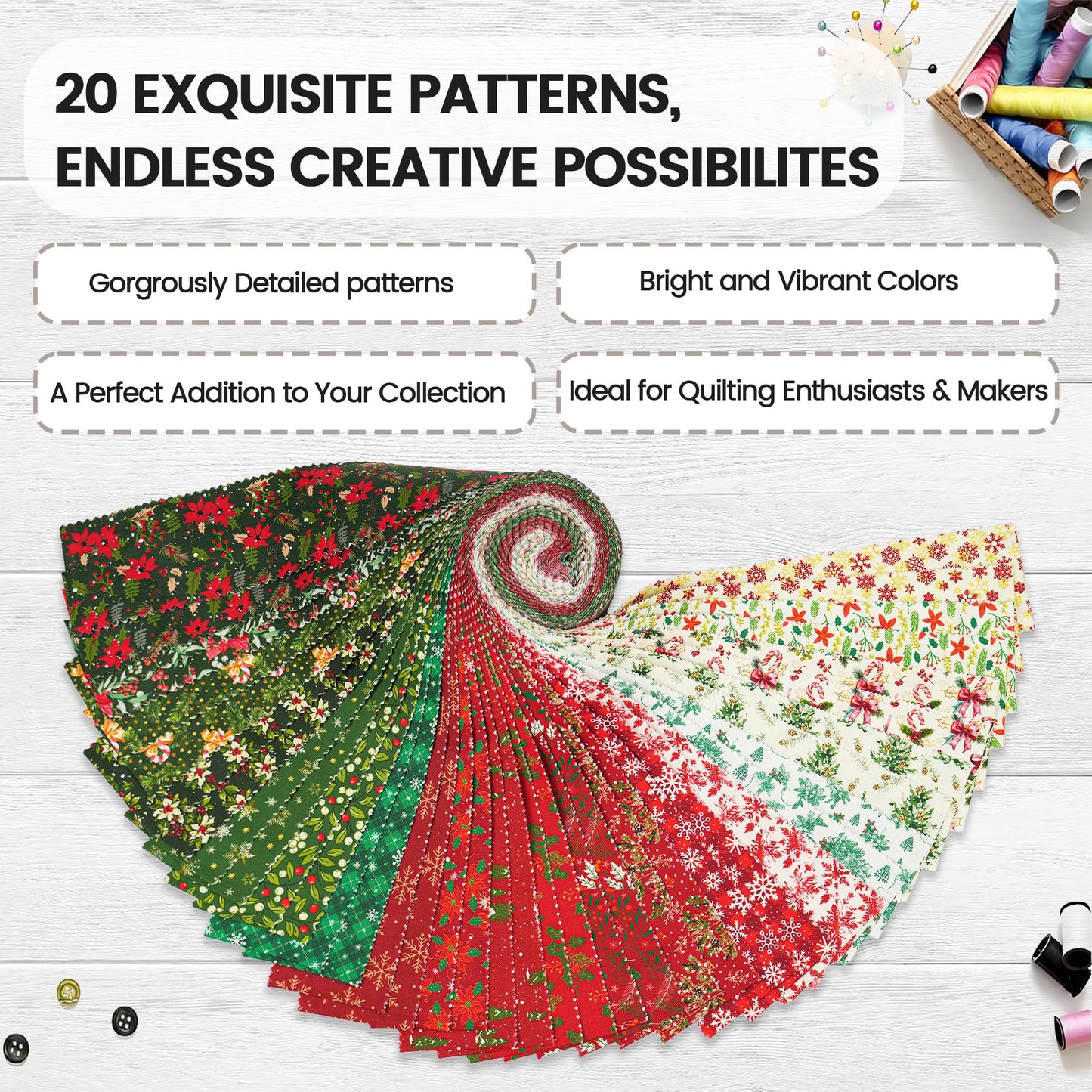Craftido-20 Options-100% Cotton Jelly Roll Fabric Precut Strips for Quilting, Crafting, and Sewing, 40 Strips 2.5" x 44" Assorted Bundles for Rugs, Quilts, DIY Crafts and Home Decor-Winter Christmas