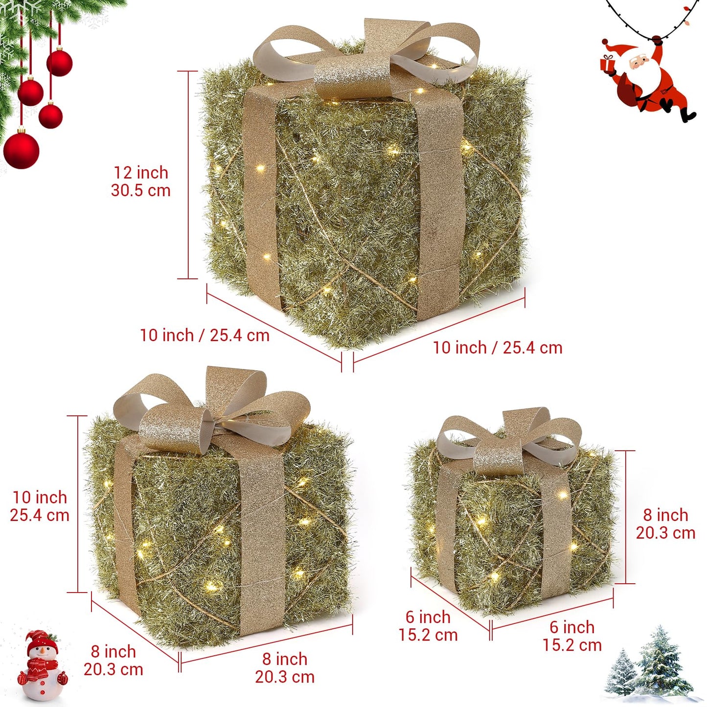Garveehome Set of 3 Christmas Lighted Gift Boxes, Pre-Lit Gift Present Boxes with Ribbons and Bows, Light Up Xmas Ornaments for Indoor Outdoor Christmas Tree, Home, Yard, Lawn, Gold