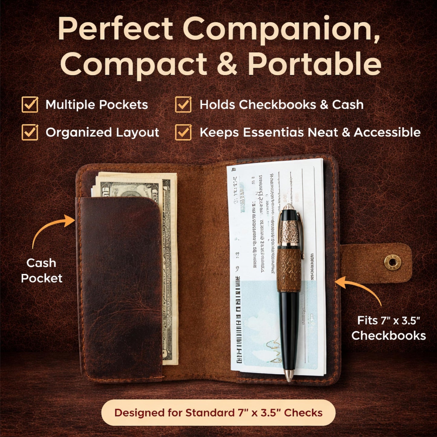 TheAntiq Leather Checkbook Cover with Pen Loop, Full Grain Check Book Holder Wallet for Personal & Duplicate Checks, Slim Money Organizer for Men & Women – Brown