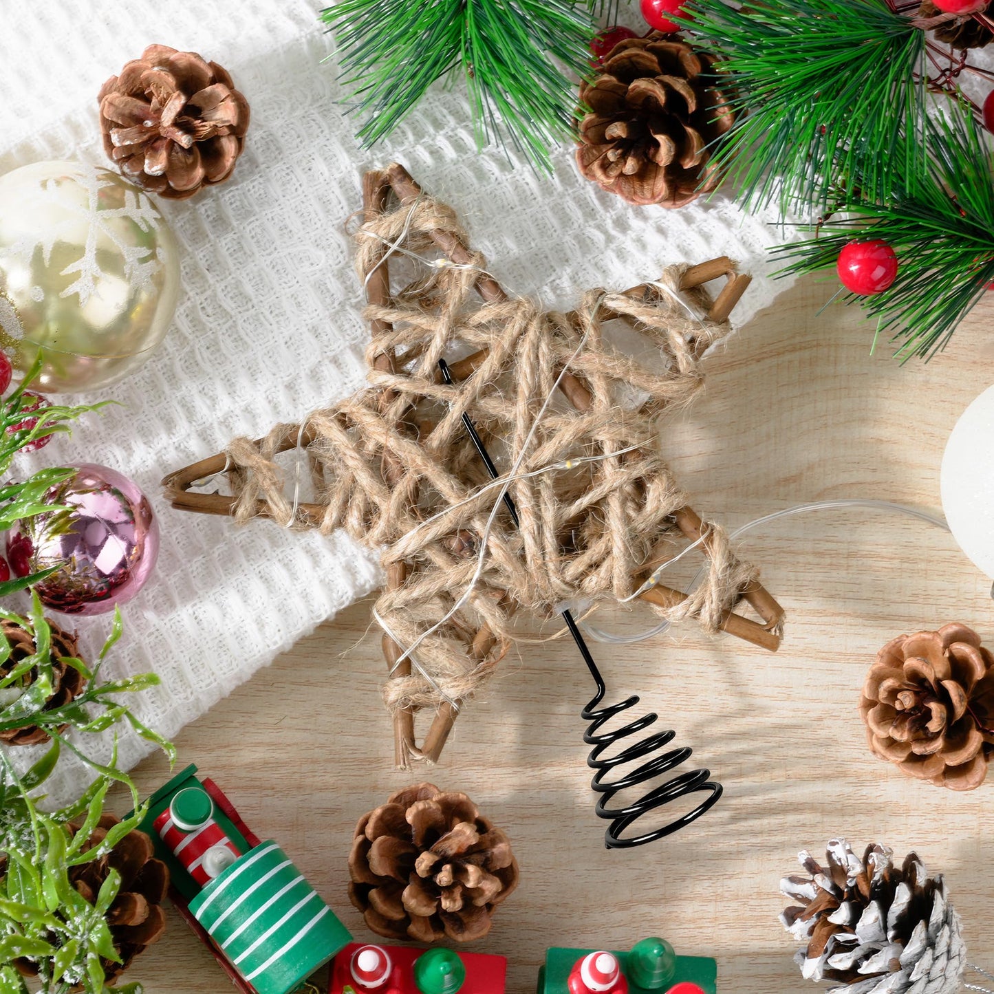 Joytry Christmas Tree Topper Rustic Christmas Tree Topper Star 6 Inch, Battery Operated Lighted Jute Rattan Star Warm White Light Christmas Tree Decoration for Small Tabletop Christmas Trees