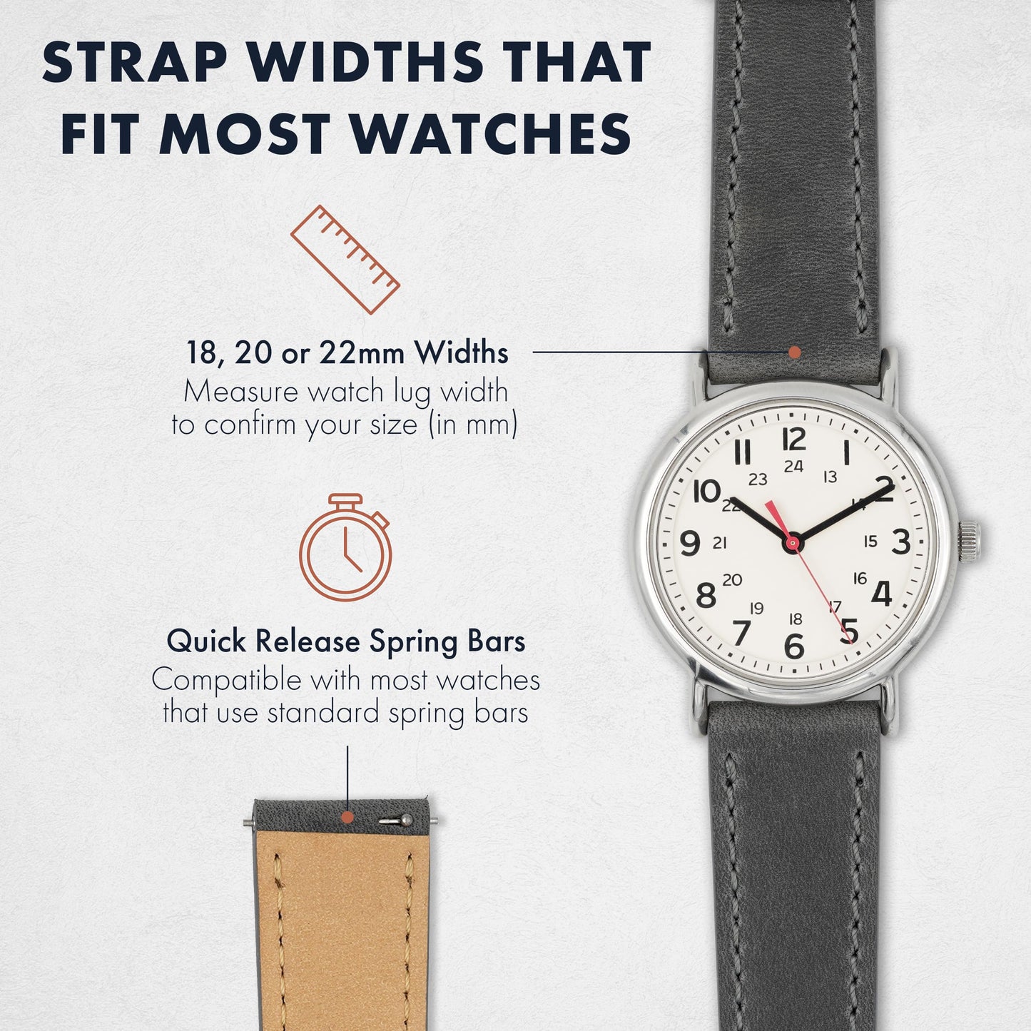 Benchmark Leather Watch Band - Crazy Horse Leather Watch Straps for Men & Women - Quick Release Spring Bars - Choice of Color - 18mm, 20mm, or 22mm Widths (20mm, Grey)