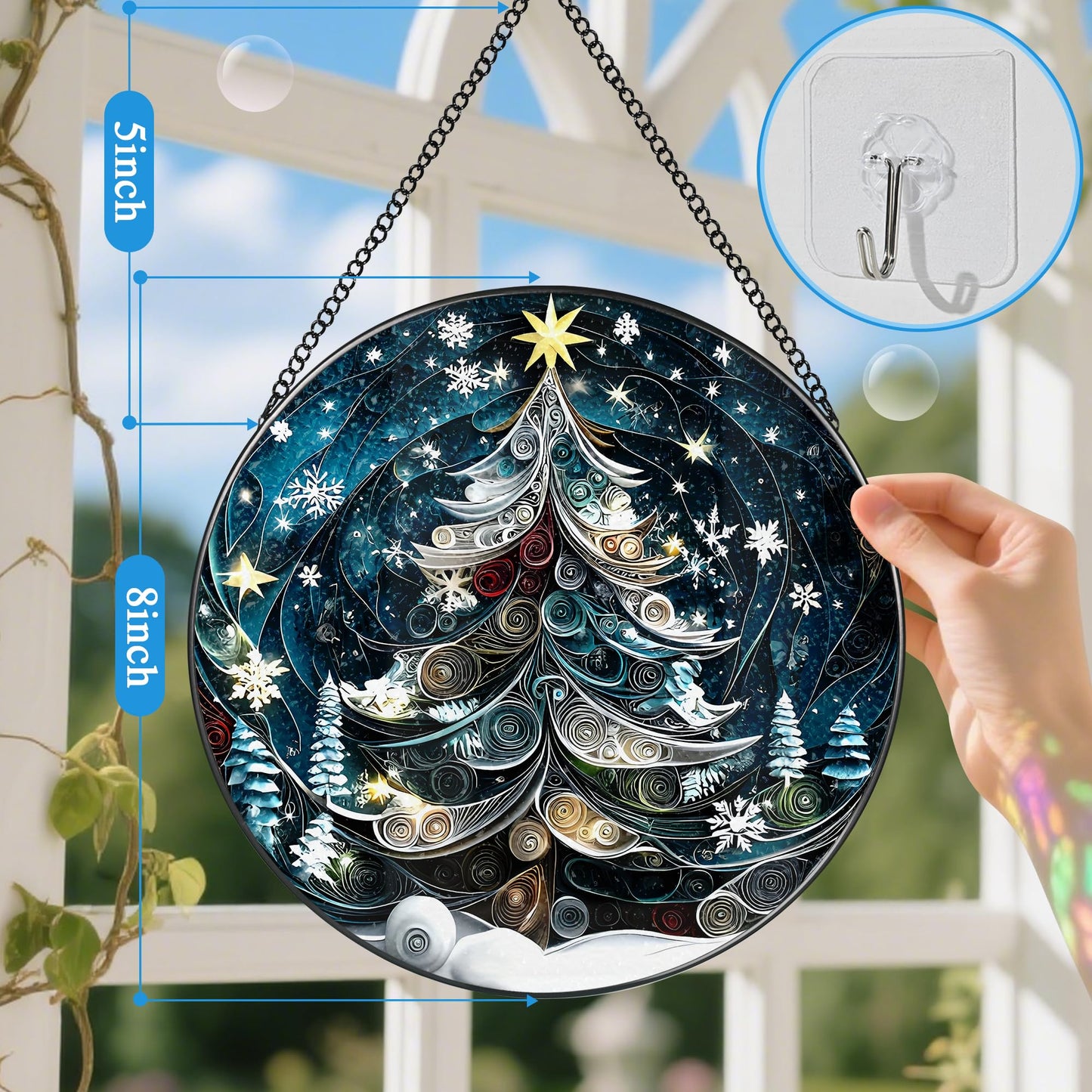 8-Inch Starry Christmas Tree Suncatcher Ornament: Stained Glass Window Hanging & Decor, Sun Catchers Indoor Window — Gift for Christmas, Holiday Present Idea, Gifts Exchange, Gift Idea
