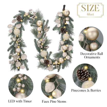 Valery Madelyn 6 Ft Pre-Lit Christmas Garland with Lights for Mantle, Lighted Outdoor Xmas Garland with White Gold Balls Norfolk Pine for Home Stairs Fireplace Table Centerpiece Indoor Holiday Decor