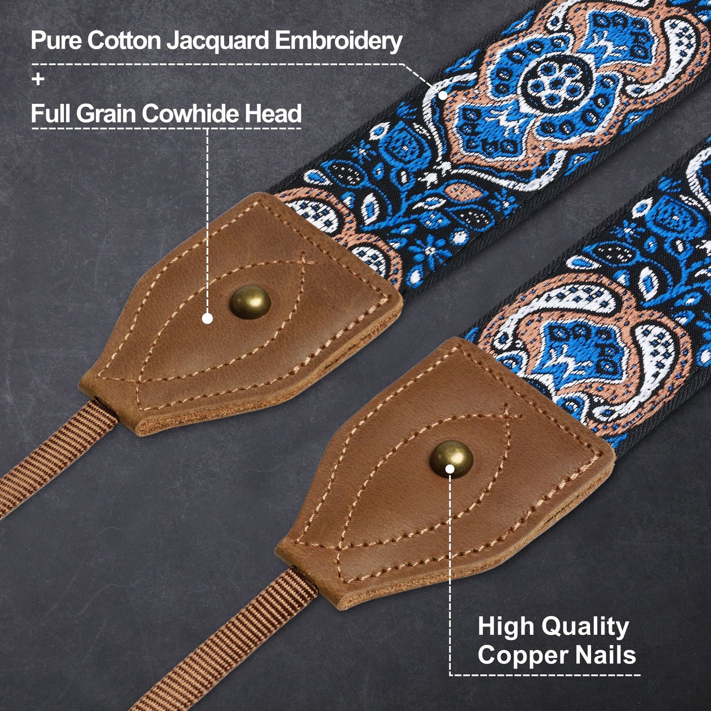 Padwa Lifestyle Camera Strap - 2" Wide Crazy Horse Art Cowhide Head,Vintage Jacquard Embroidery Camera Straps for Photographers Gift, Adjustable Shoulder Neck Strap Fits DSLR Cameras(Elegant Blue)