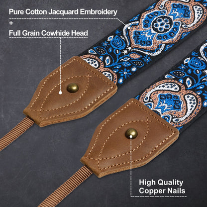 Padwa Lifestyle Camera Strap - 2" Wide Crazy Horse Art Cowhide Head,Vintage Jacquard Embroidery Camera Straps for Photographers Gift, Adjustable Shoulder Neck Strap Fits DSLR Cameras(Elegant Blue)