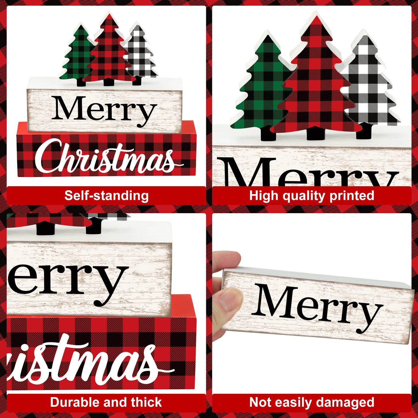 3 Pcs Merry Christmas Table Wooden Decor Christmas Tree Wood Block Sign Xmas Buffalo Plaid Tabletop Centerpiece Xmas Rustic Tiered Tray Decor for Winter Farmhouse Home Kitchen Office Shelf Decoration