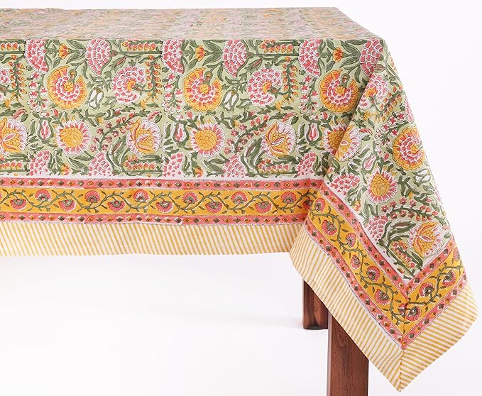 ATOSII Clover Green 100% Cotton Rectangle Boho Fall Tablecloth, Handblock Floral Table Cloth Linen for Kitchen Dining I Parties Wedding Outdoors Picnics I 72 X 120 Inches I 10 Seater