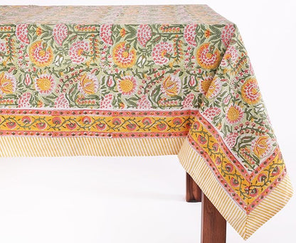 ATOSII Clover Green 100% Cotton Rectangle Boho Fall Tablecloth, Handblock Floral Table Cloth Linen for Kitchen Dining I Parties Wedding Outdoors Picnics I 72 X 120 Inches I 10 Seater
