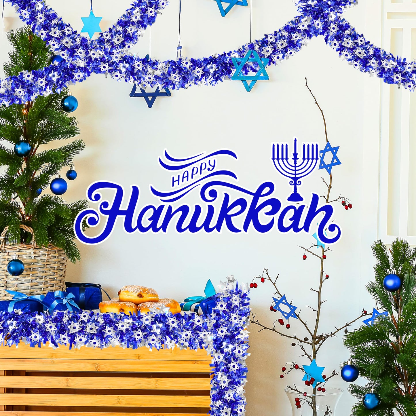 Palonu 50 Feet Hanukkah Decorations Tinsel Garland Glitter Twist Garland Metallic Menorah Ornaments Blue Metallic Streamers with Silver Star, Indoor Outdoor Chanukah Decorations Home Party Supplie