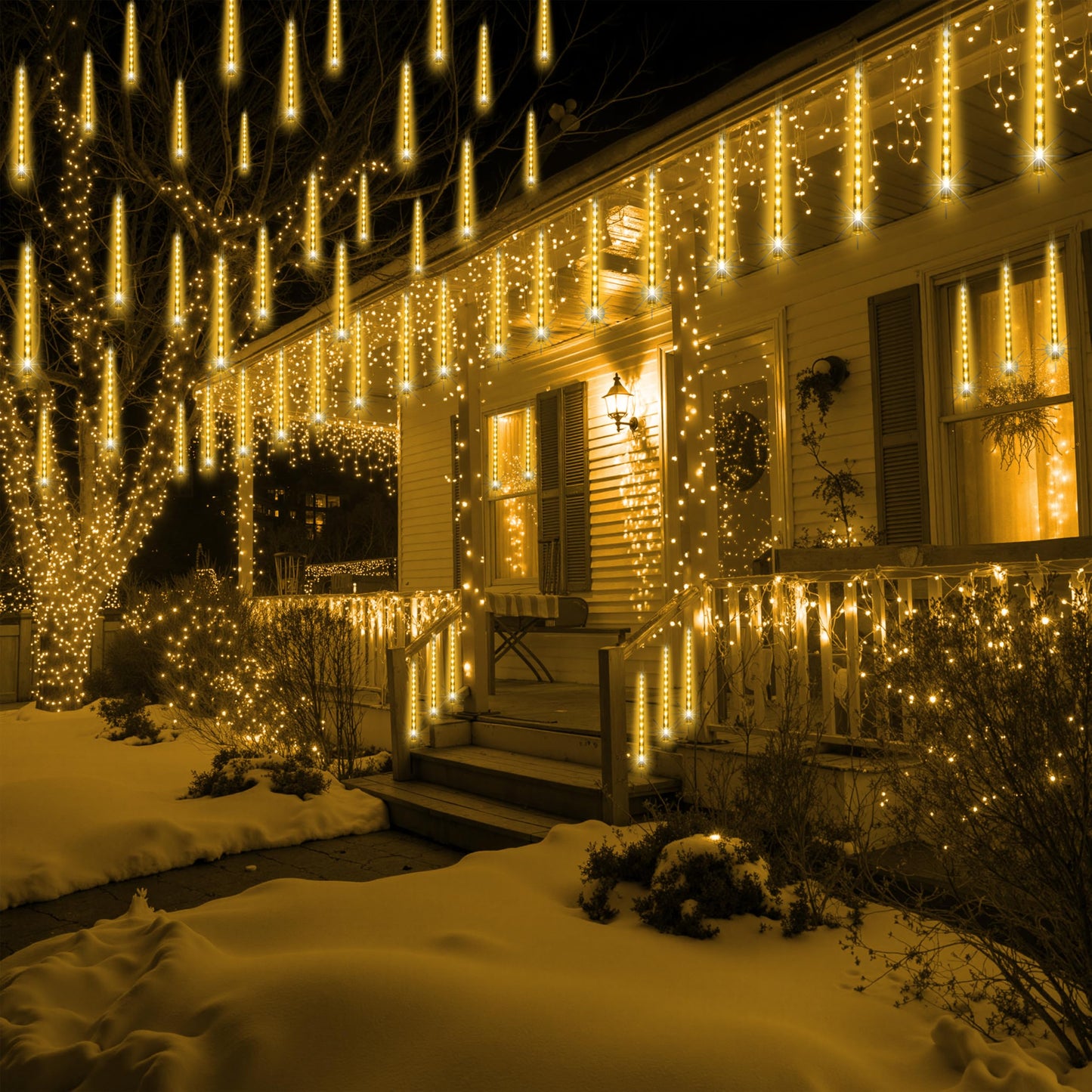 JOYIN Christmas Lights Outdoor,8 Tubes Meteor Shower Lights Warm White,192 LEDs, Snowfall Icicle Cascading Rain Light for Christmas Tree Decorations, Wedding Party Holiday Decor