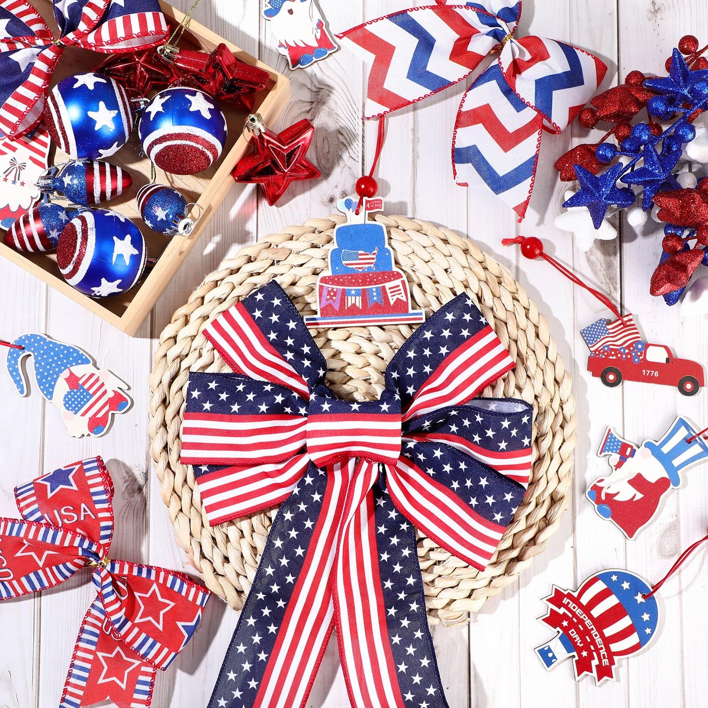 43 Pcs 4th of July Patriotic Tree Decorations Independence Day Christmas Tree Ornaments Ribbon Bow Topper Red White and Blue Hanging Ornaments for National Memorial Day Party