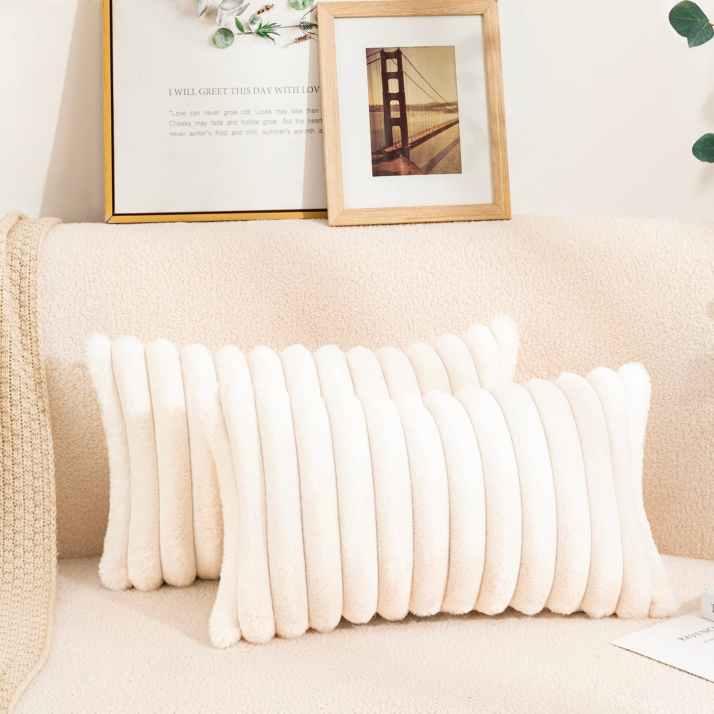 Uhomy 2 Pack Faux Fur Plush Decorative Throw Pillow Covers Fuzzy Striped Soft Pillowcase Cushion Covers for Living Room Sofa Couch Bedroom, 12x20 inch 30x50 Cm True White
