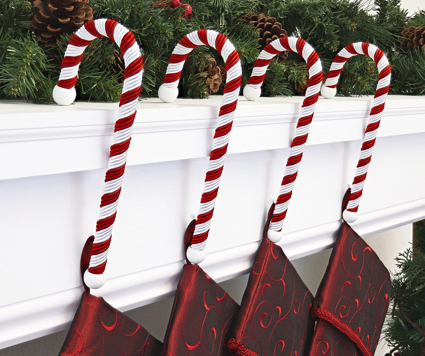 Haute Decor Candy Cane Stocking Holder (Large Classic) - Lightweight Christmas Stocking Hanger for Various Mantel Styles (4-Pack)