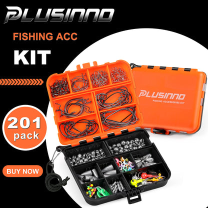 PLUSINNO 201pcs Fishing Accessories Kit,Tackle Box with Tackle Included, Fishing Hooks, Weights, Round Split Shot，Fishing Gear for Bass, Trout, Catfish