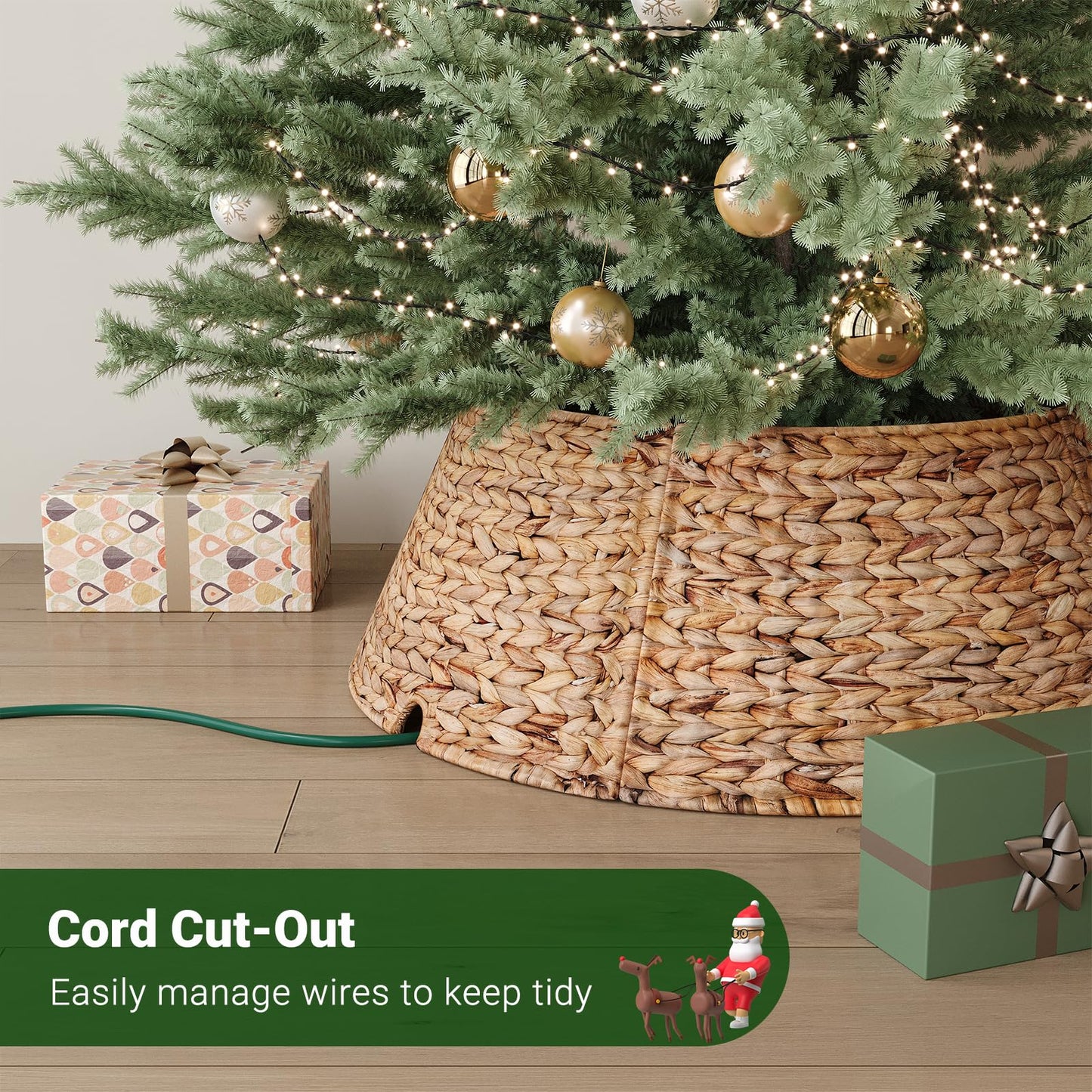 ELYKEN 28-Inch Woven Rattan Christmas Tree Collar, Stylish Hyacinth 5-Piece Tree Skirt for Artificial Trees, Wicker Tree Base Cover with Cord Cut-Out for Home Decor, Living Room Display, Natural