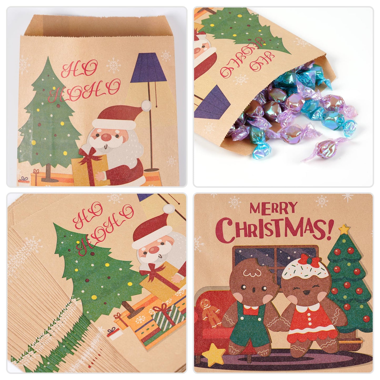 Kolewo4ever 240 Pieces Christmas Kraft Treat Bags Holiday Bag with Xmas Tree Santa Claus, Elk Prints Christmas Goodies Snack Gift Bag Candy Buffet Paper Bags for Xmas Holiday,6 Styles