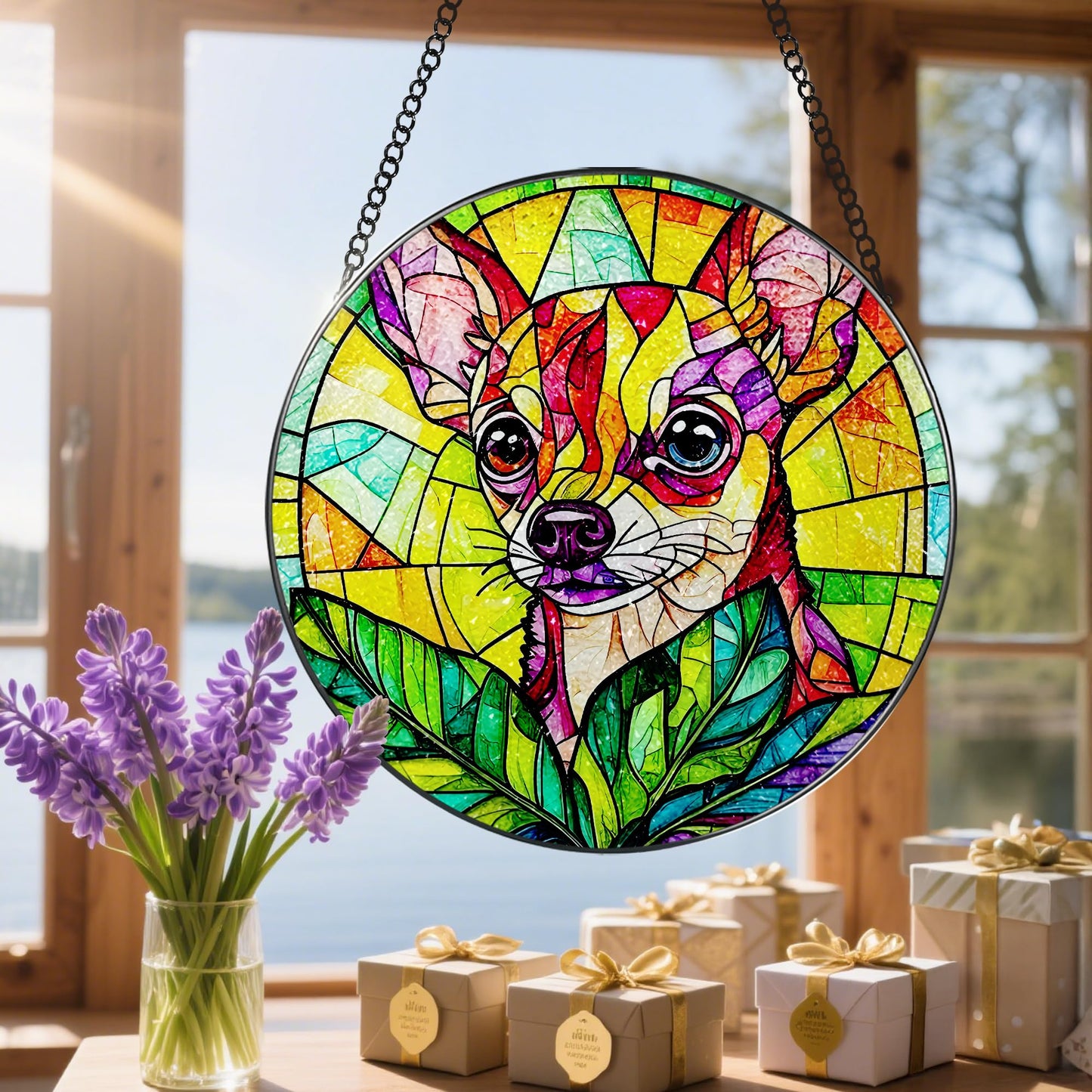 DOUHASU 8″ Stained Glass Window Hanging Ornament, Vibrant Chihuahua Stained Glass Suncatcher Ornament, Sun-Catcher Window Decor | Gifts for Dog Lovers, Dog Lover Gift, Pet Lover Gift