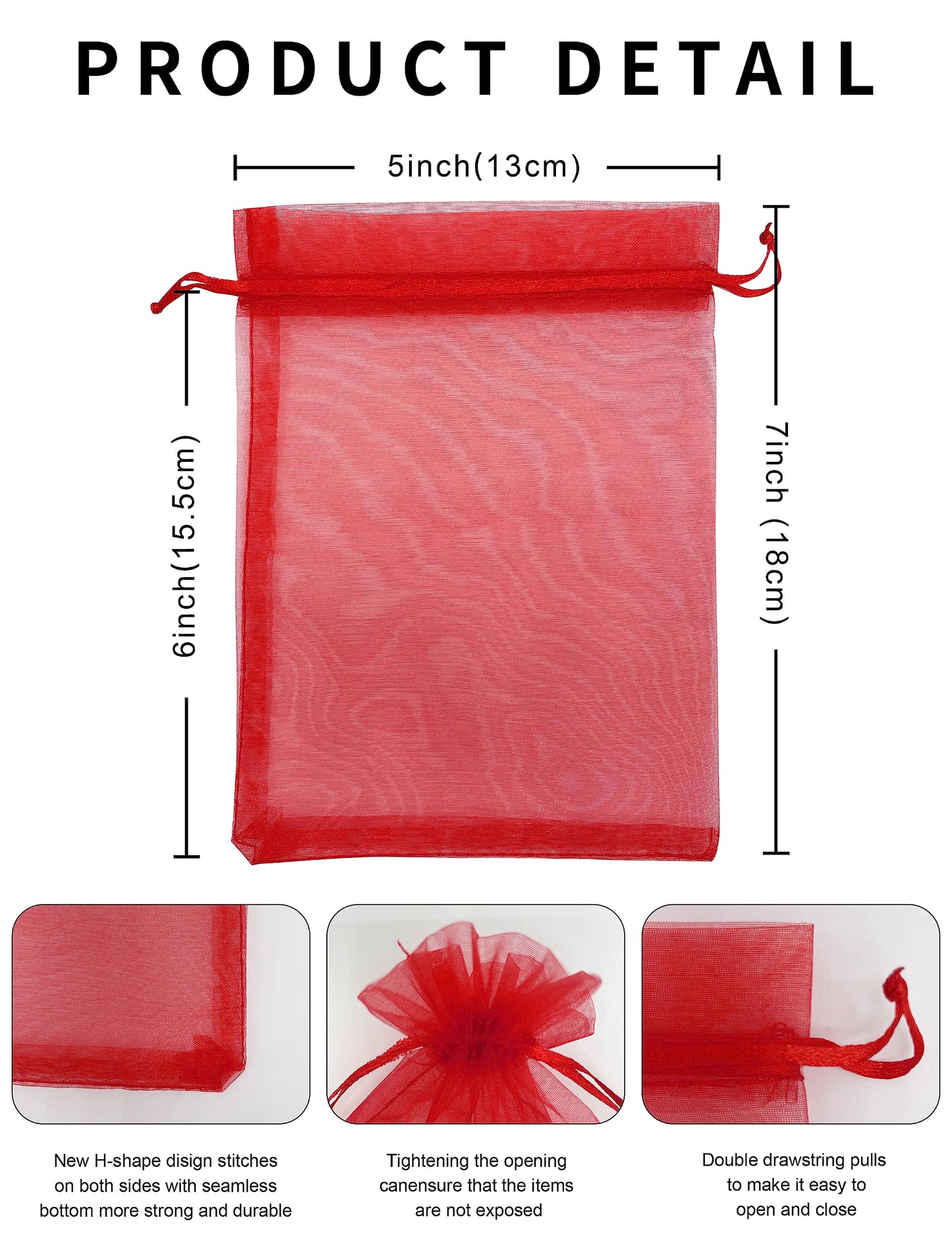 Jexila 100PCS Red Organza Gift Bags 5''X7'' Sheer Mesh Drawstring Pouch for Jewelry Christmas Mother's Day Party Favor Goodie Candy Treat Bags