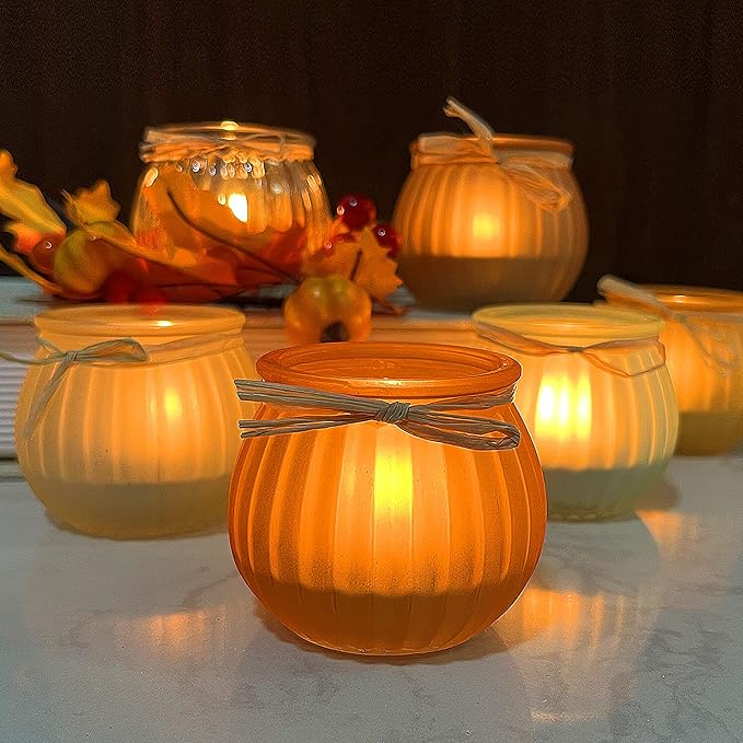 WDHODEC Fall Votive Candle Holders Set of 12, Pumpkin Glass Tea Lights Candle Holder for Thanksgiving Halloween Table Fireplace Decor