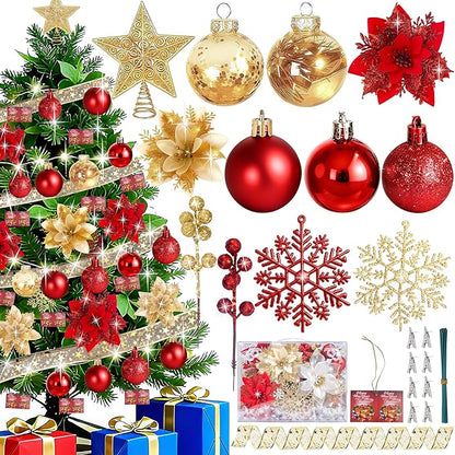 76Pcs Christmas Tree Decorations Set, Golden Red Assorted Ornaments with Large Shatterproof Plastic Balls, Star Tree Topper, Glitter Berries Stems, Ribbon for Indoor Garland Home Holiday Wedding Decor