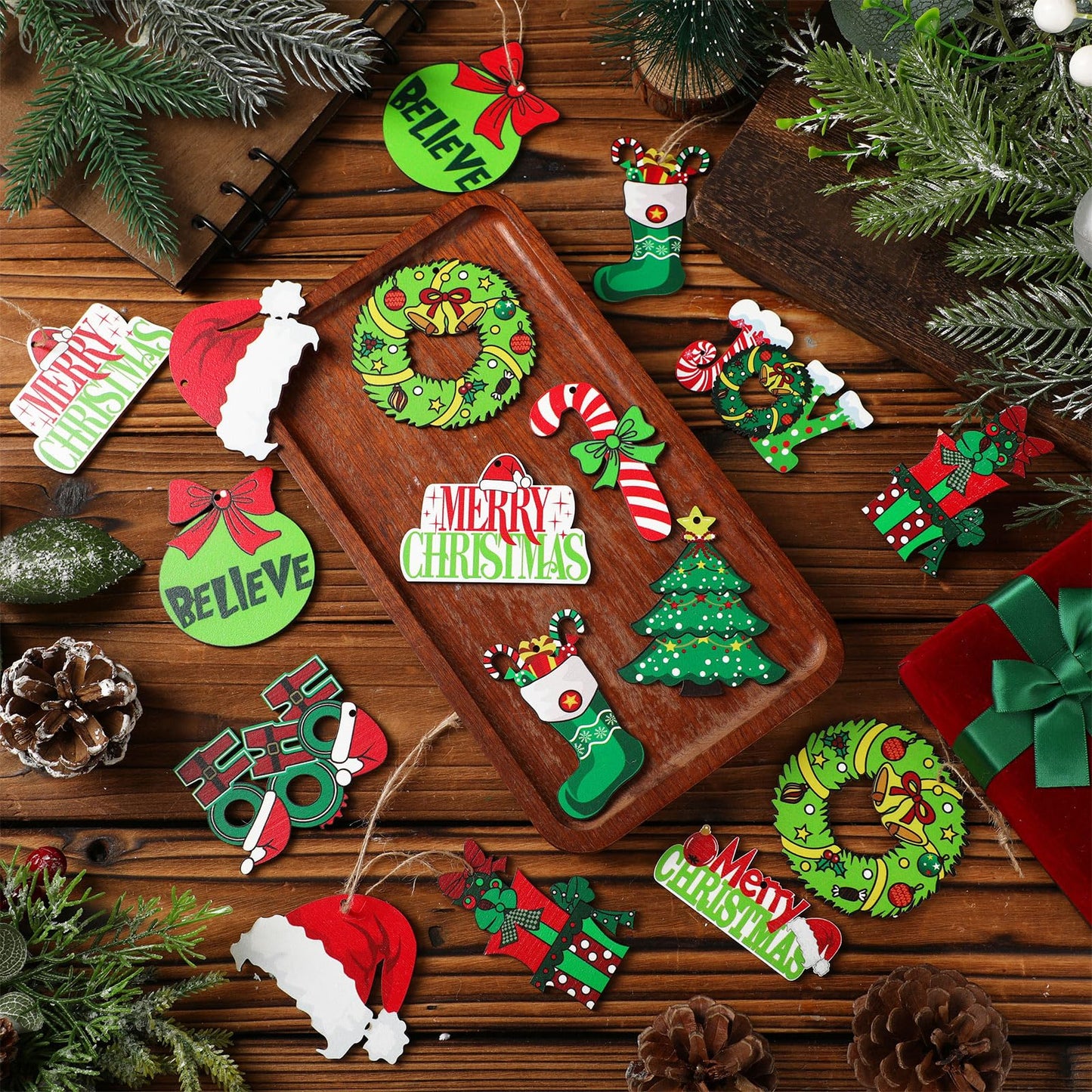 AceOrbit 48 Pcs Christmas Tree Ornaments Lime Green Wood Christmas Tree Ornaments with Rope Xmas Wood Cutouts Hanging Decorations Gift Box Santa Hats Candy Canes for Xmas Wreaths Home Winter Decor