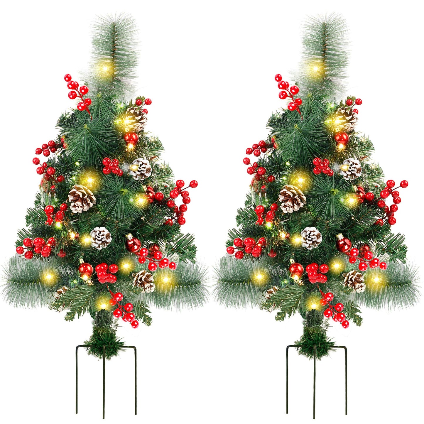 FORUP Set of 2 30 Inch Pre-Lit Pathway Christmas Trees Urn Filler, Outdoor Christmas Tree Decorations for Porch, Driveway, Yard, Garden, with 60 LED Lights, Red Berries, Pine Cones, Red Ball Ornaments