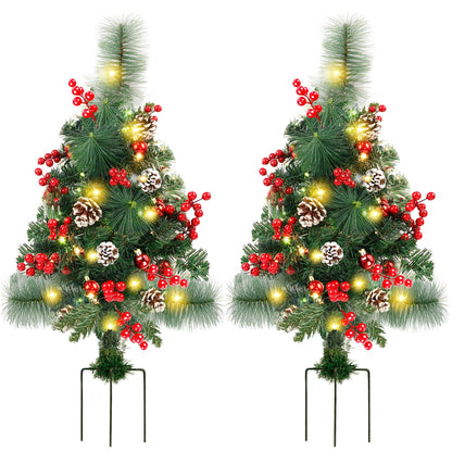 FORUP Set of 2 30 Inch Pre-Lit Pathway Christmas Trees Urn Filler, Outdoor Christmas Tree Decorations for Porch, Driveway, Yard, Garden, with 60 LED Lights, Red Berries, Pine Cones, Red Ball Ornaments