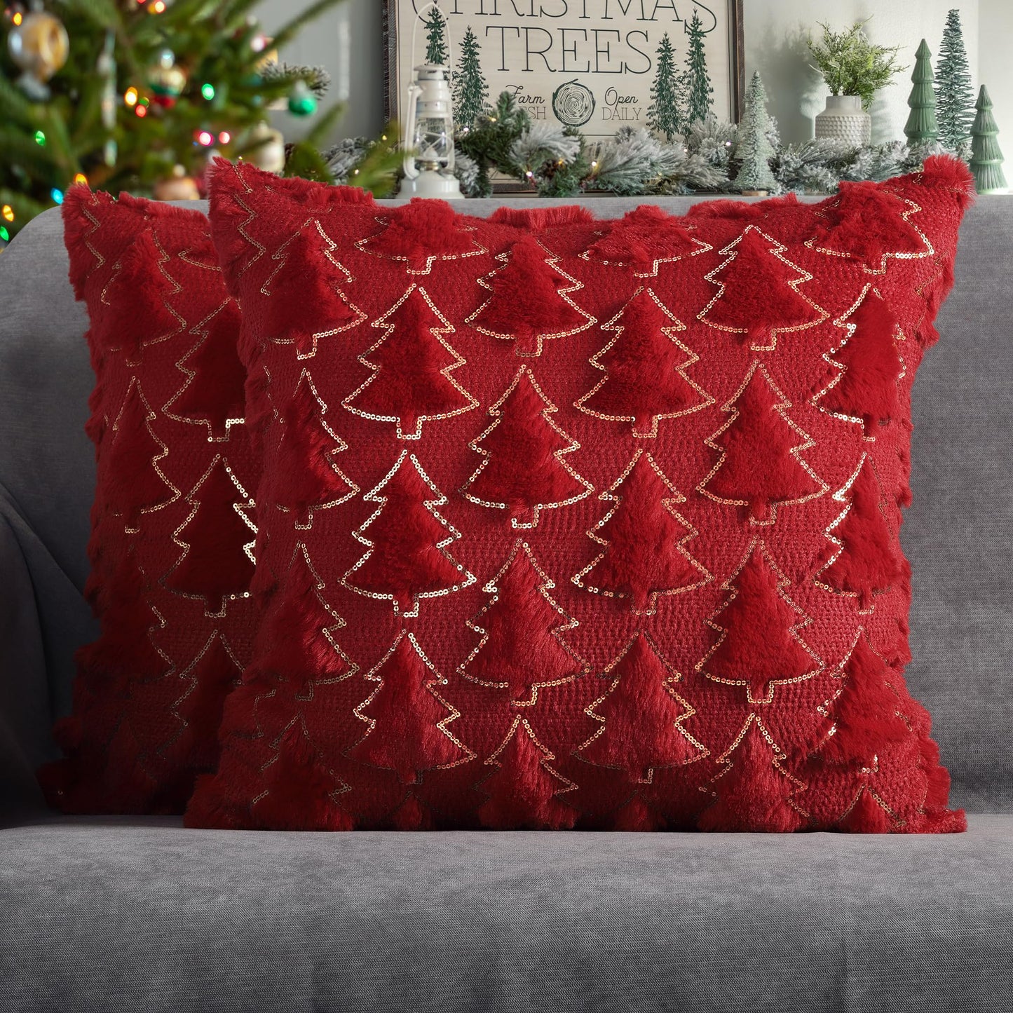 4TH Emotion Christmas Tree Decorative Pillow Covers 18x18 Set of 2, Red Soft Plush Faux Fur Farmhouse Throw Cushion Cases for Xmas Winter Holiday Home Decorations