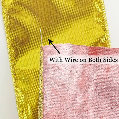 MEEDEE Pink and Gold Velvet Ribbon 2.5 inch Thick Velvet Wired Edge 10 Yards Two Tone Ribbon for Christmas Tree, Gift Wrapping, Wreaths, Large Bows, Crafts Supply
