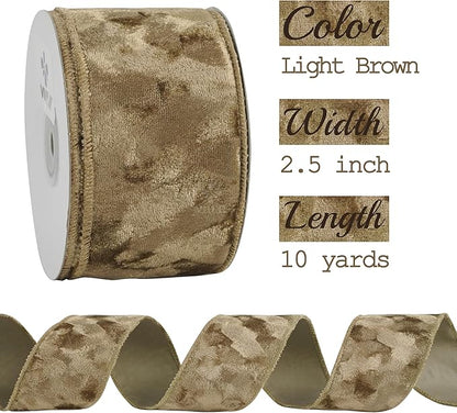 MEEDEE 2-1/2 inch Brown Velvet Wired Ribbon 10 Yards Thick Light Brown Velvet Ribbon for Christmas Tree, Gift Wrapping, Garland, Fall Wreaths, Topper Bow, Swags, Crafts Supply