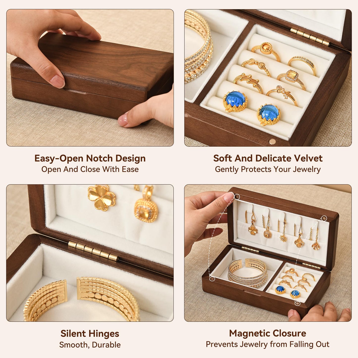 Hapkumn Black Walnut Solid Wooden Jewelry Box, Small Portable Travel Jewelry Organizer Storage Case, Wood Jewelry Holder for Necklace Ring Earrings Bracelet Watch, Gift for Women, Mom, Girls.
