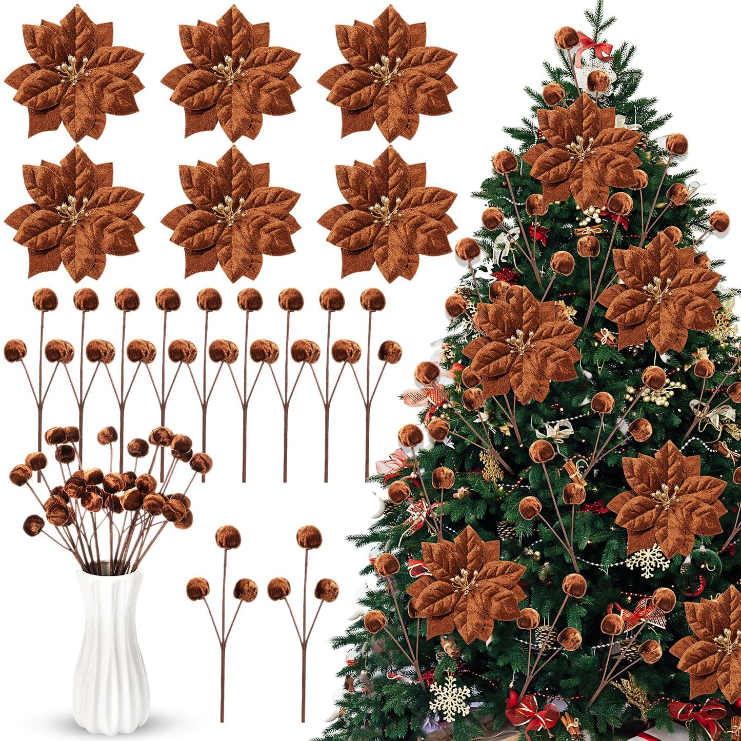 Hungdao 18 Pcs Velvet Christmas Tree Ornament Set Artificial Christmas Poinsettia Flower with Clips and Tree Picks Neutra Holiday Ornaments for Xmas Wreath Fireplace Stairs Decor(Brown)