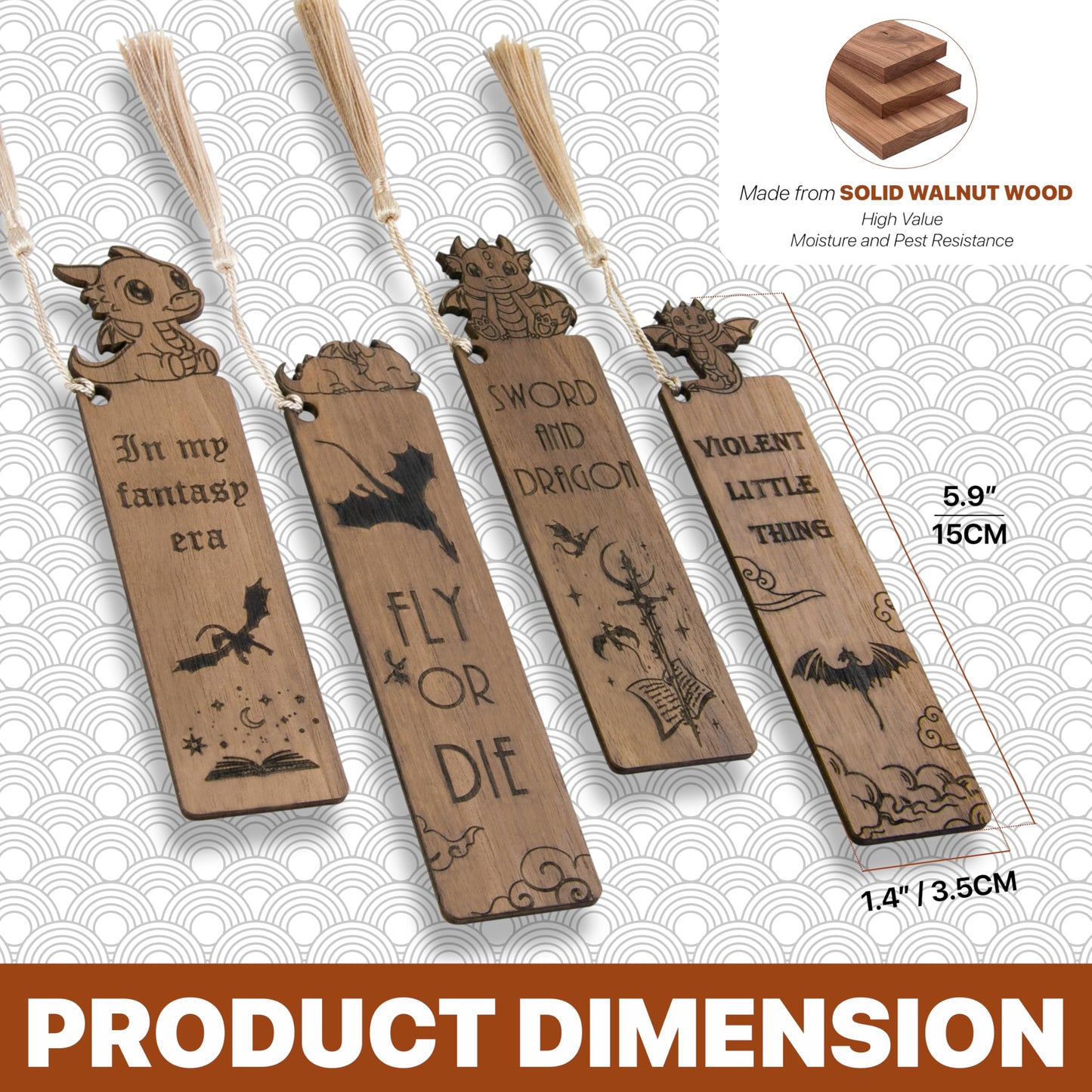 Dragon Bookmarks – Set of 4 Wooden Fantasy Bookmarks with Tassels, Made from Walnut Wood, Inspired by Mythical Dragons and Epic Adventures, Perfect for Book Lovers (Cute Dragon)