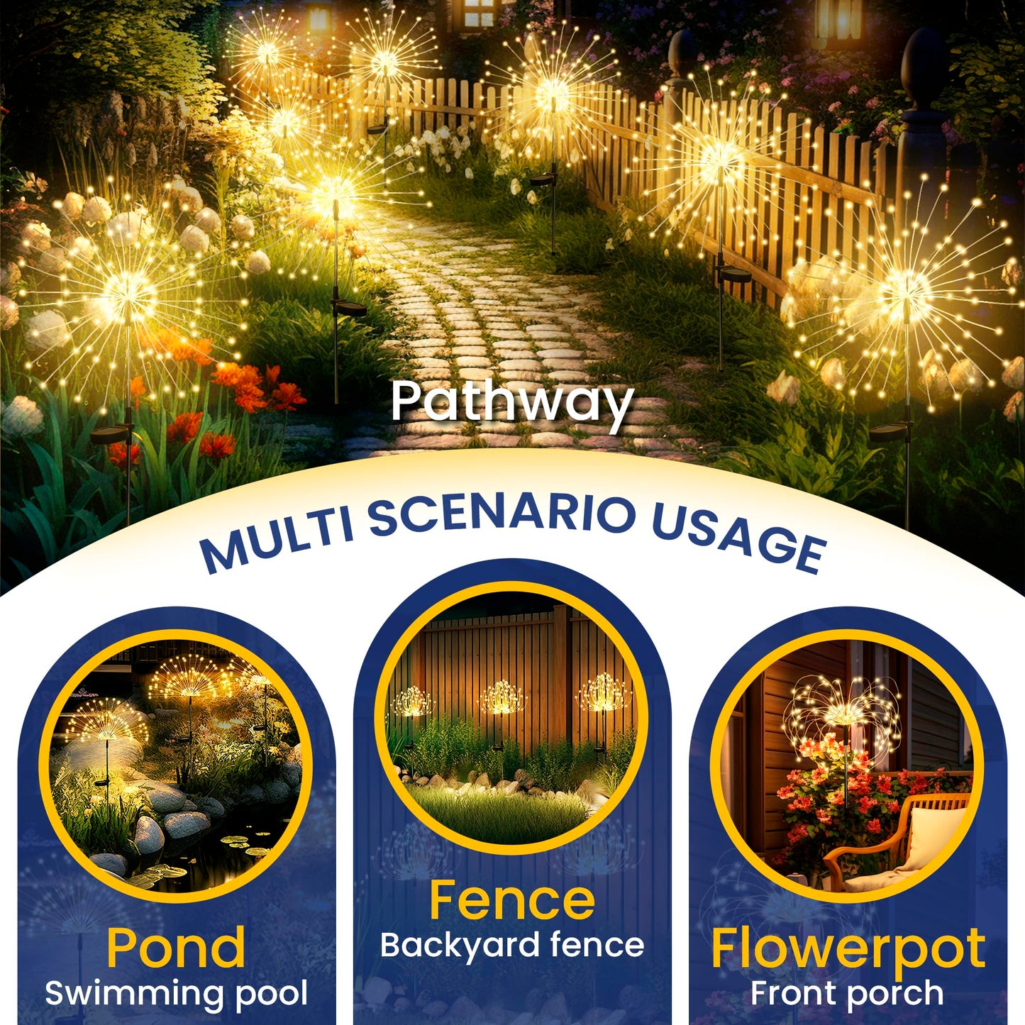 GIGALUMI Garden Decor Outdoor Lights 120LED 6Pack, Solar Garden Lights Outside Fairy Firework Decorative,Solar Powered for Yard Pathway Flowerbed Planter Balcony Patio 4th of July Decor (Warm White