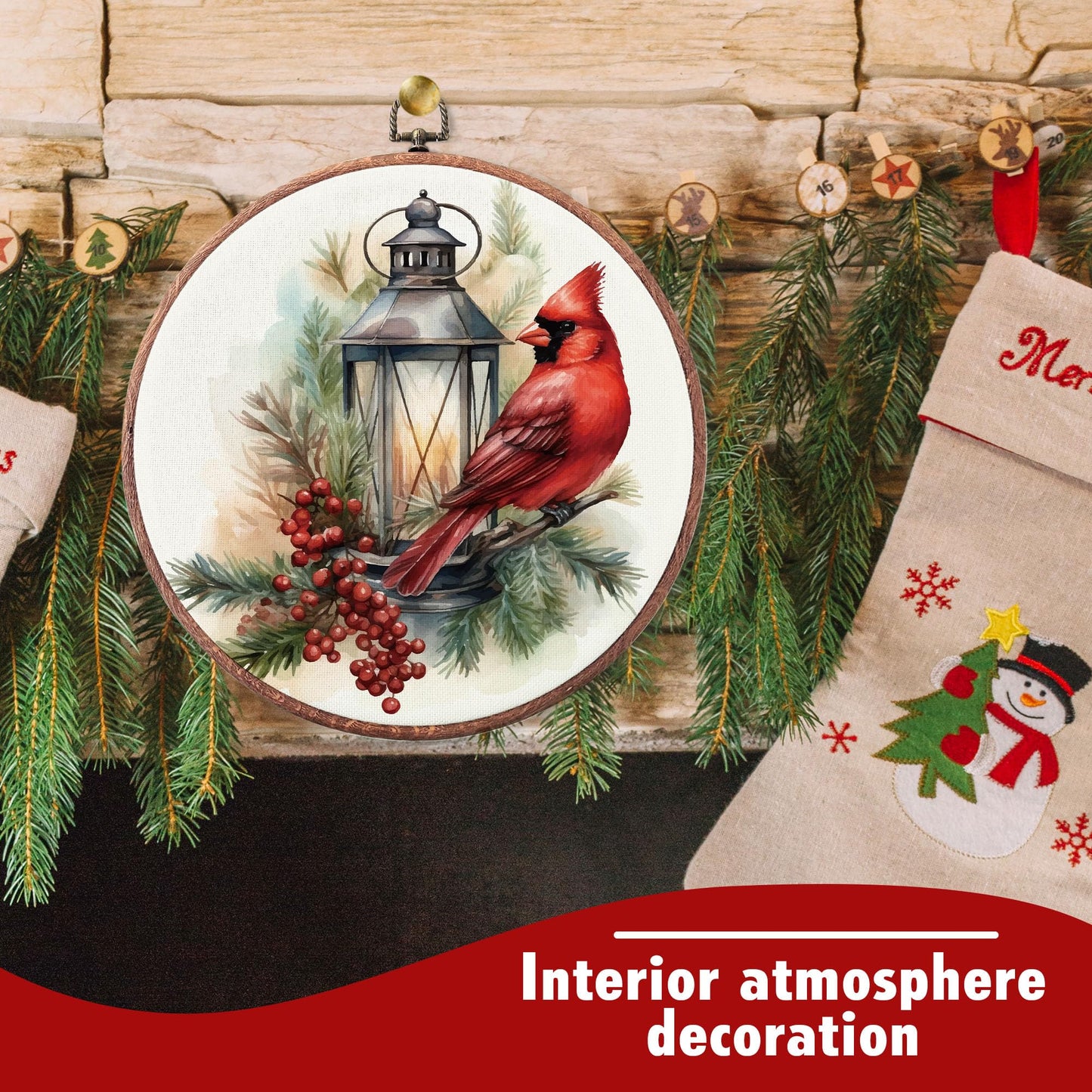 heiyihe Round Christmas Canvas Frame Wall Art Decor, 10x10 Inches Round Red Cardinal Bird Wall Artwork, Christmas Embroidery Kit Decor for Home Office, Xmas Gift Ideas for Family Friends-A02