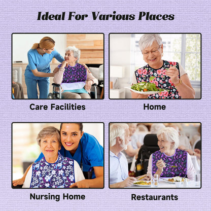 Pedobi Adult Bibs - 3 Pcs Washable Clothing Protector with Crumb Catcher, Adult Bibs for Elderly Women Eating Washable Flower