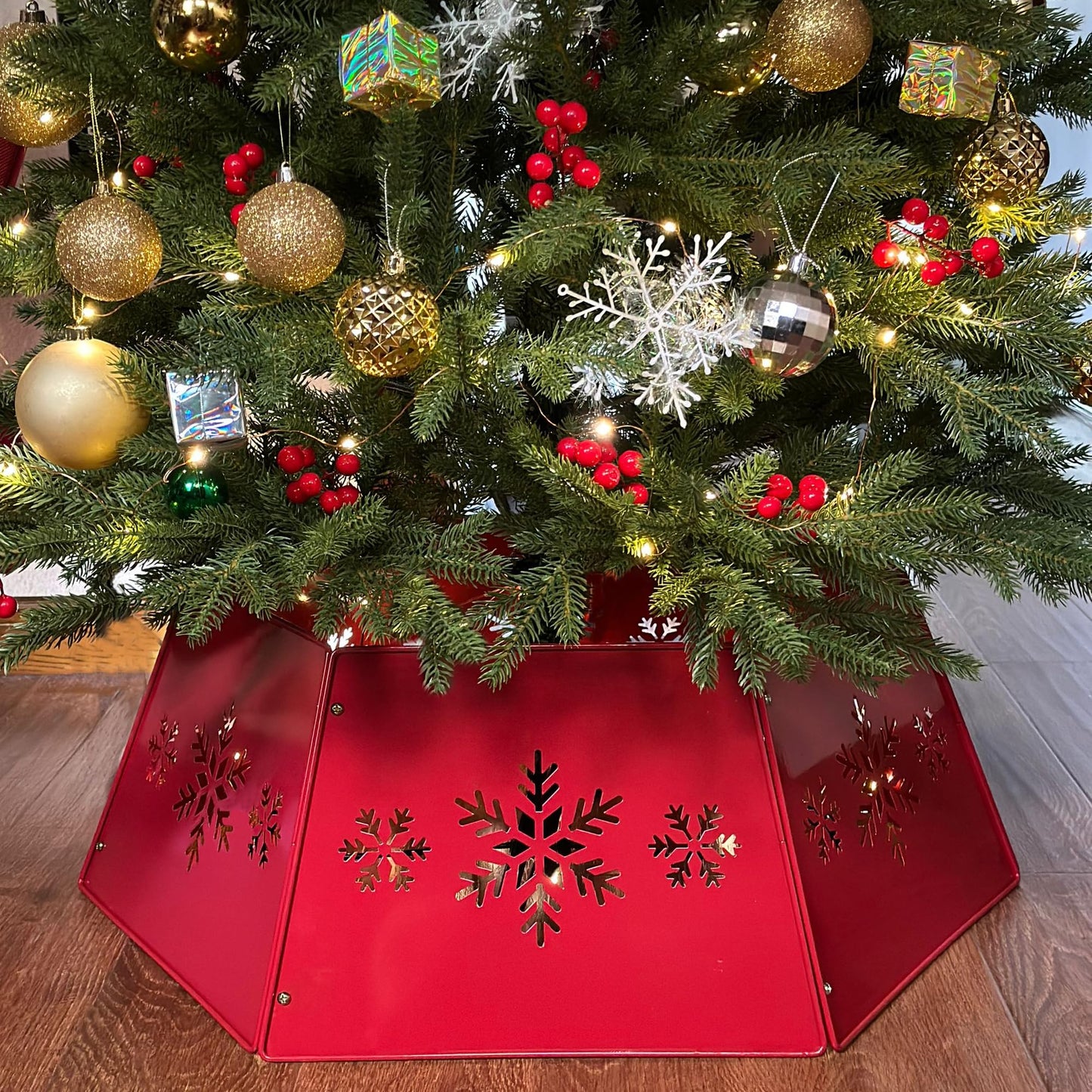 WKHOMEDECO 28" Christmas Tree Collar for Pencil Tree, Metal Tree Collar with Hollow-Out Snowflake Design, Pet-Proof Christmas Tree Collars for Artificial Trees, Secure & Reusable Holiday Decor (Red)