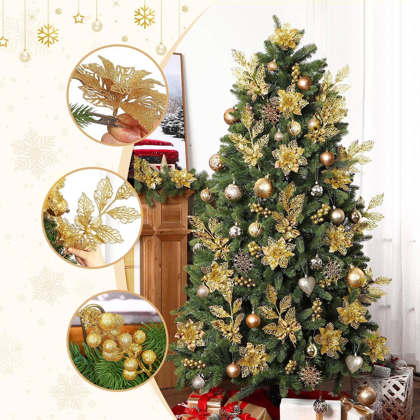 Alupssuc 24 PCS Christmas Tree Decorations, 12 PCS Poinsettia Flowers Artificial+6 PCS Glitter Holly Berry Stems+6 Berry Leaves Christmas Tree Picks for Party Wreath Fireplace, Gold