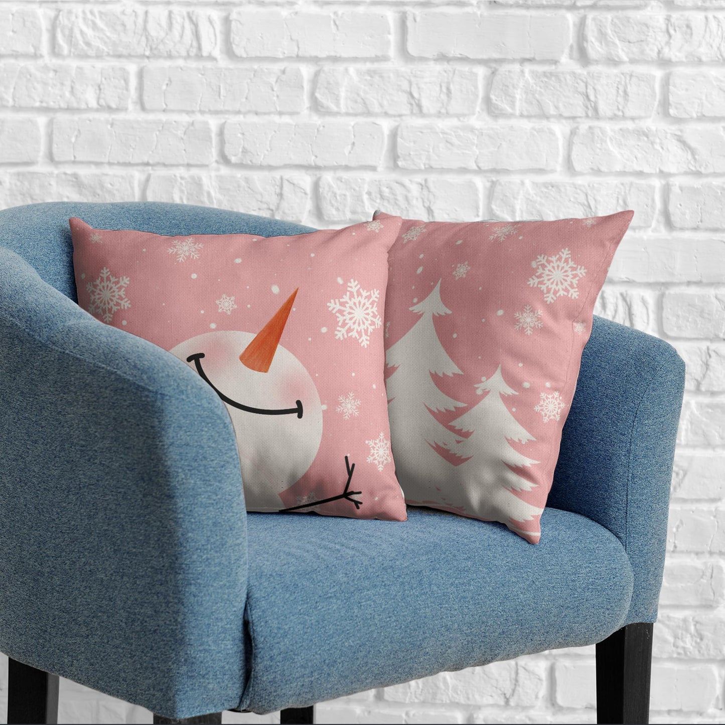 Kwlegh Pink Snowman Pillow Covers 18x18 Christmas Tree with Snowflakes Throw Pillow Covers Pillow Case Winter Holiday Cushion Case for Living Room Couch Bedroom Set of 2