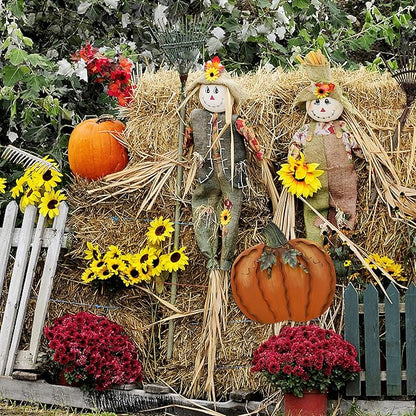 Metal Pumpkin Stakes Yard Signs Fall Decor Decorative Garden Stake Lawn Pumpkins Ornaments Outdoor Autumn Decoration for Harvest Halloween Thanksgiving (17.5" H White+Orange)