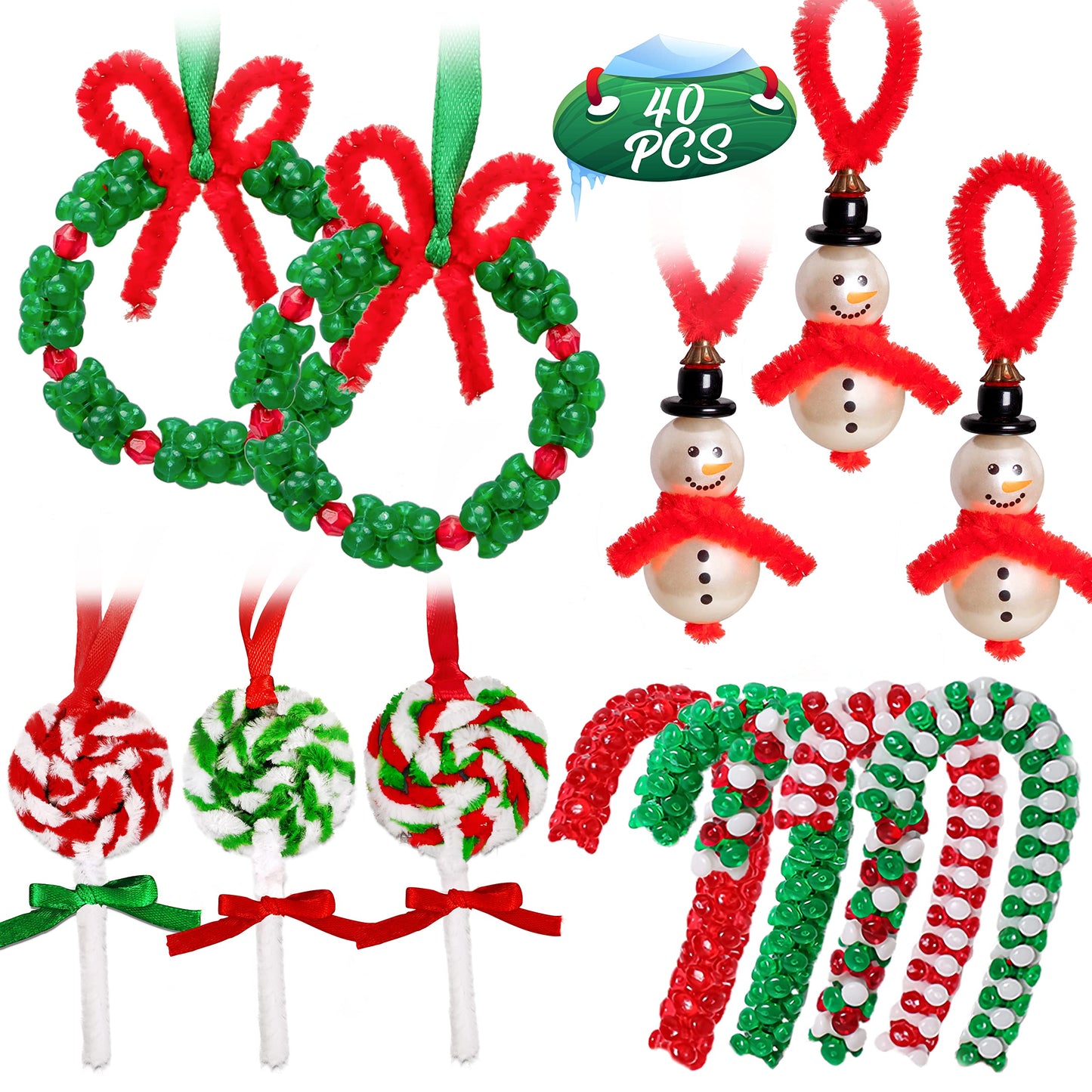 luck sea 40PCS Christmas Crafts Beaded Ornament Kit - Including 10 PCS Snowman,12 PCS Wreath,8PCS Candy Cane,10PCS Lollipop, Xmas Holiday Party Tree Favor Decorations