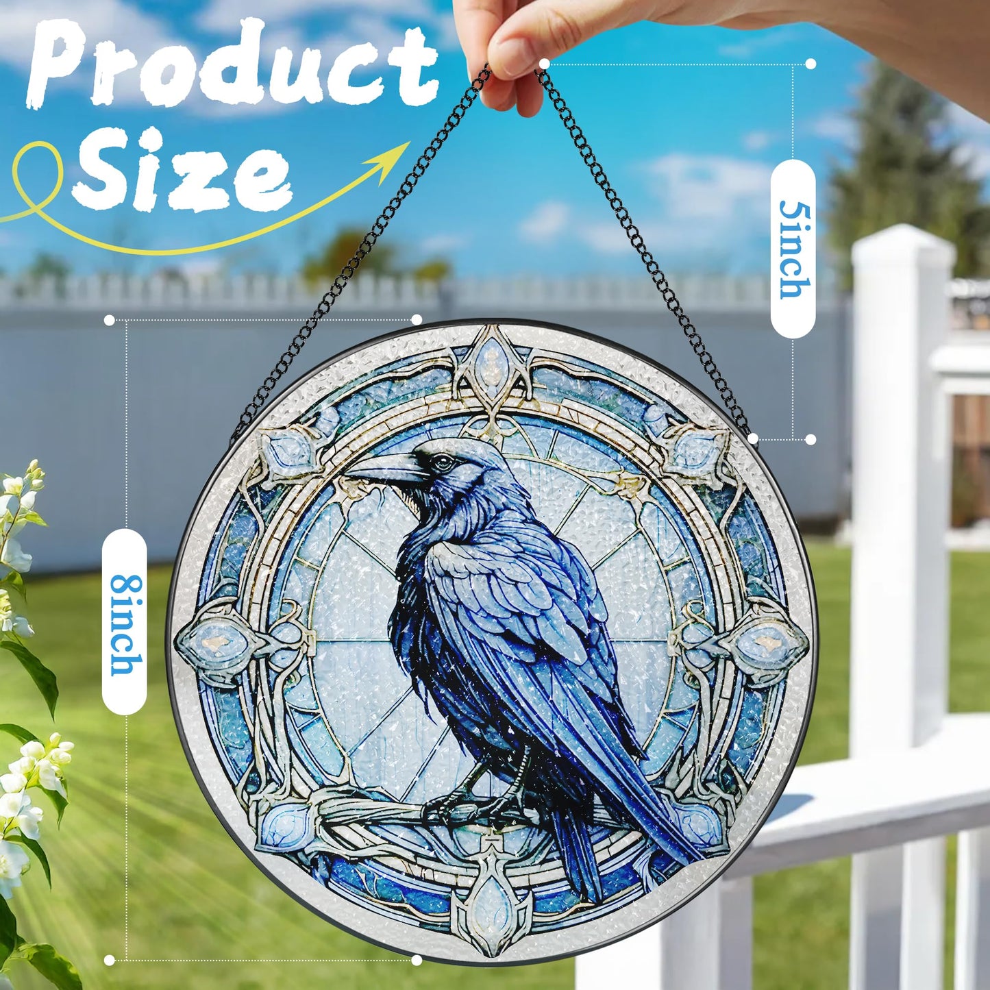 8 Inch Stained Glass Suncatcher Ornament, DOUHASU Crow Sun Catchers Indoor Window, Stained Glass Window Hanging, Home Decor, Bird Lovers Gifts for Women, Men