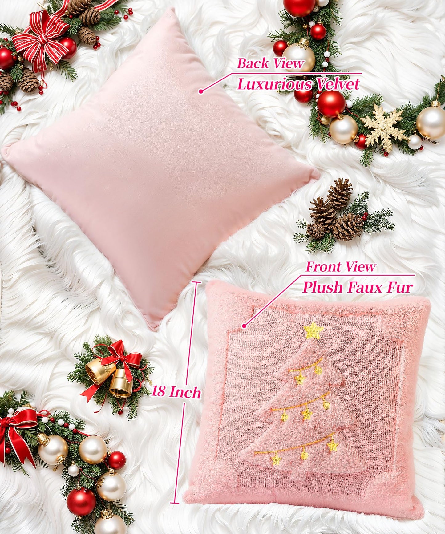 SEGXCFL Christmas Pillow Covers Set of 2 Soft Plush Faux Fur Pillow Cases 3D Embroidered Decorative Couch Cover Home Decor Christmas Throw Pillow Covers 18x18,Pink Christmas Tree
