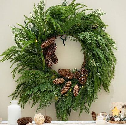 24 Inch Real Touch Norfolk Pine Wreaths for Front Door, Soomeir Artificial Christmas Wreath Green Faux Pine Wreath for Wall Windows Mantle Outdoor Christmas Decoration