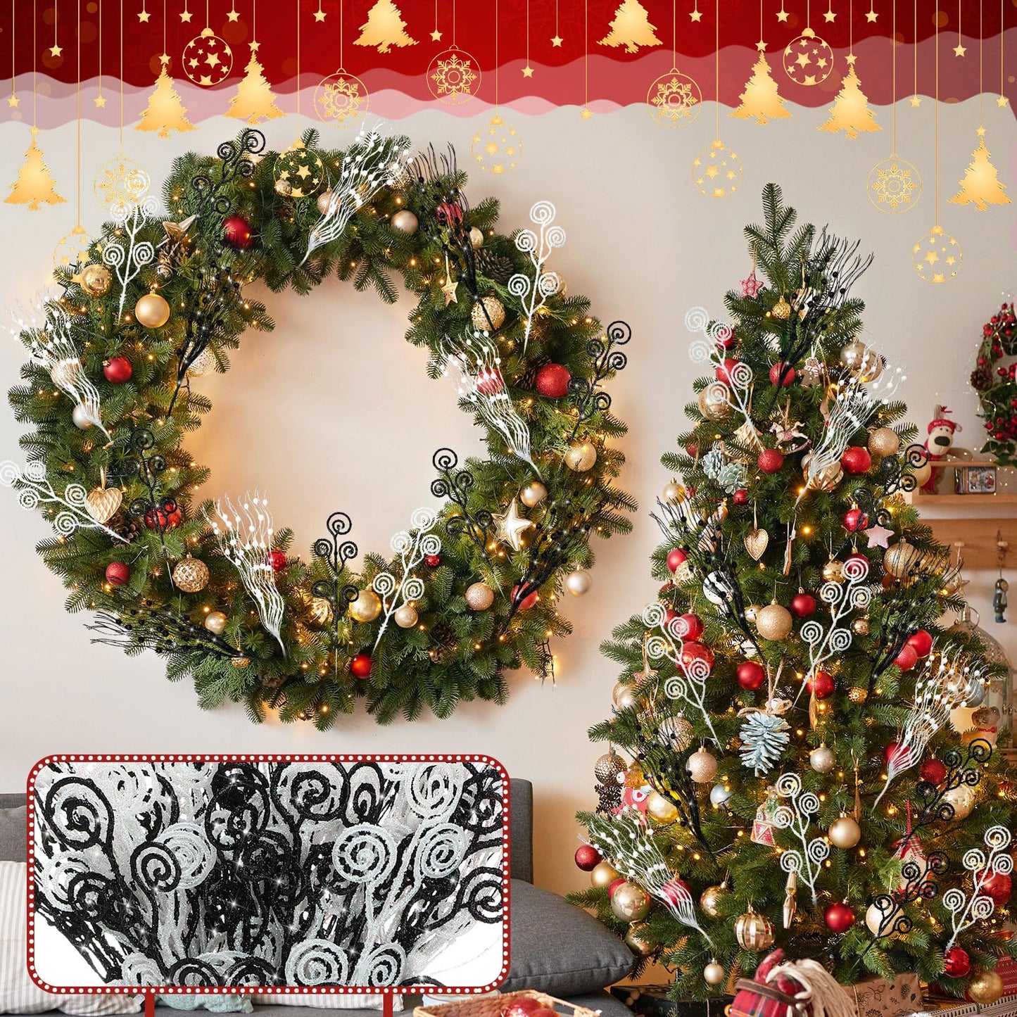Daifunli 36 Pcs Black White Christmas Tree Picks and Sprays Ornaments 17'' 12'' Artificial Glitter Christmas Berry Stem Stick Branches Tree Filler Topper for Xmas Wreath Vase Home Decoration