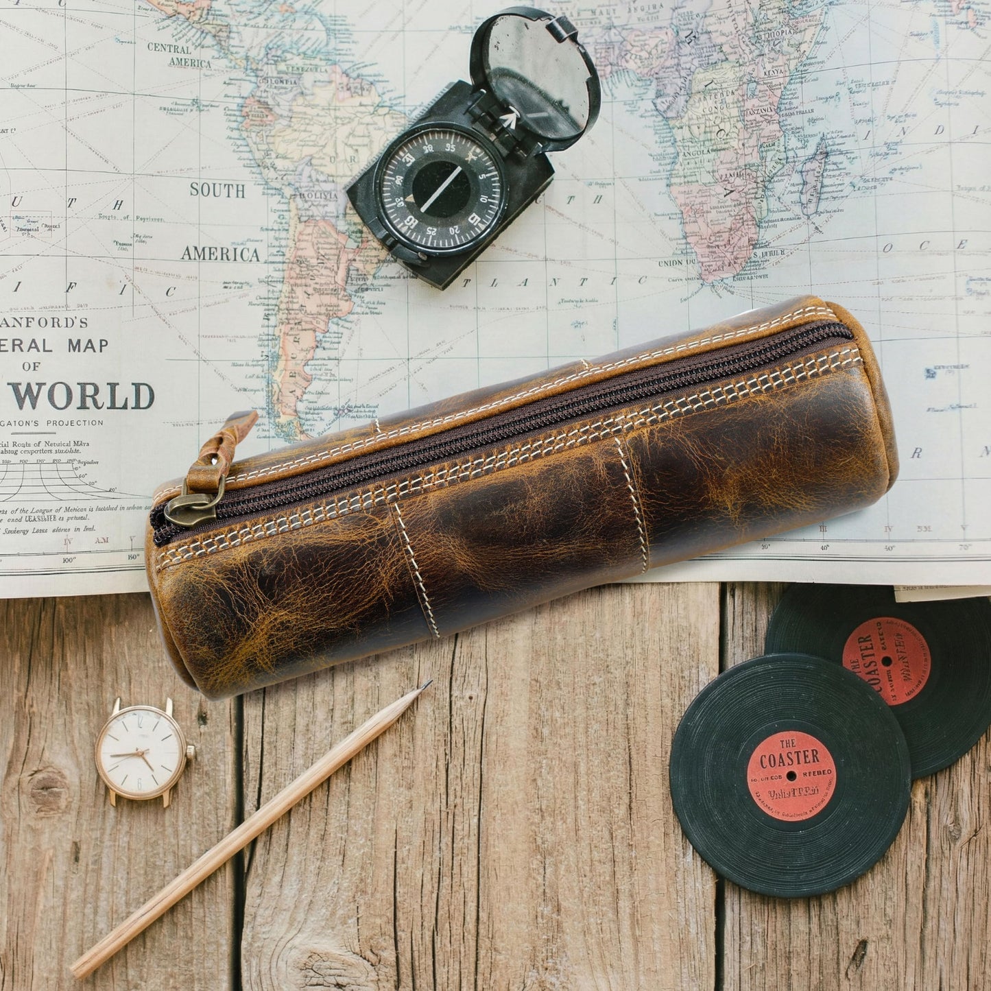 LEATHER TOWN Leather Pencil Case - Full Grain Leather Zippered Pen Pouch - Bag Pen Holder for Work & Office (Antique Brown)