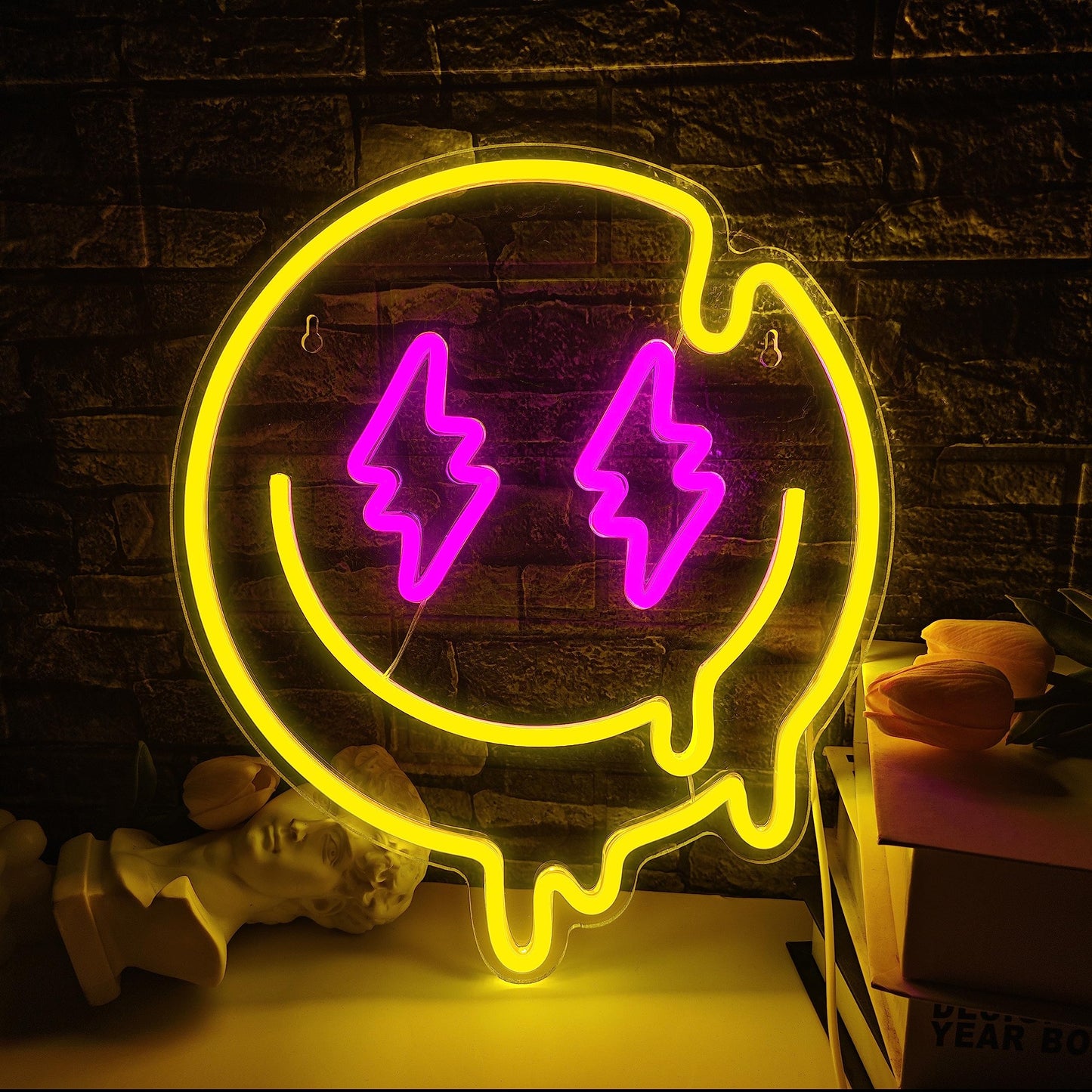 JIARODEY Melting Smile Face Neon Sign Dimmable Melted Smiling Face Neon Signs for Wall Decor Neon Smile Light Signs for Kids Room Party Bedroom Wall Art Decor USB Powered Holiday Gift