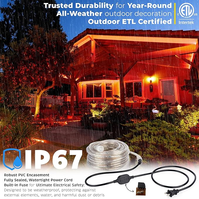 WYZworks 1116LEDs 100ft LED Outside Rope Lights, Outdoor ETL Certified Waterproof Permanent 360 Degree Light Emitting, Flexible Tube, Connectable, Christmas Palm Tree Exterior Landscape, Orange