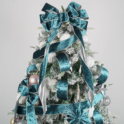 MEEDEE Crushed Teal Velvet Ribbon with Silver Back Double Sided 2.5 inch 10 Yards Blue and Gray Wired Ribbon for Christmas Tree, Wreath Supplies, Crafts Bow, Garlands, Seasonal Decorations