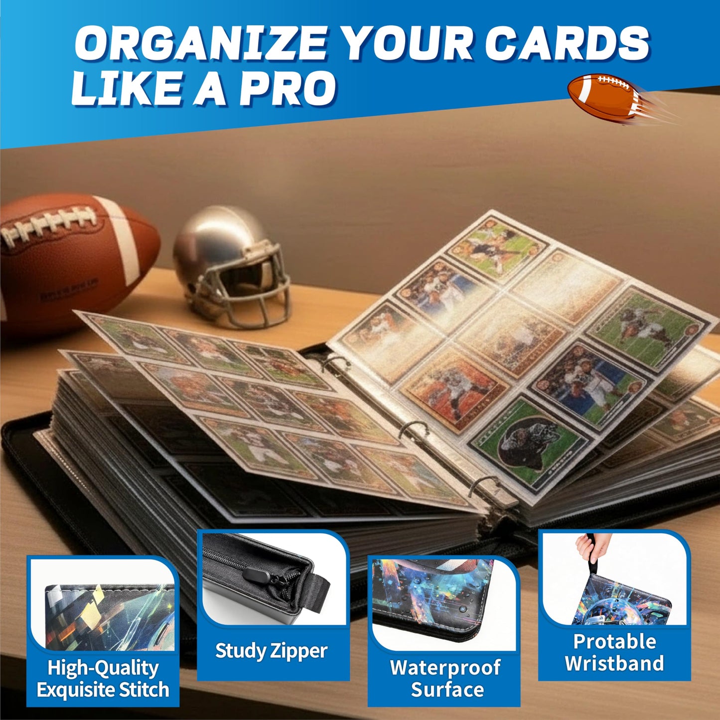 Football Card Binder with Sleeves, 9-Pocket Portable Card Protectors Album Holder Book with Zipper, Fits 900 Cards with 50 Removable Sleeves, Football Cards Display Storage Carrying Case